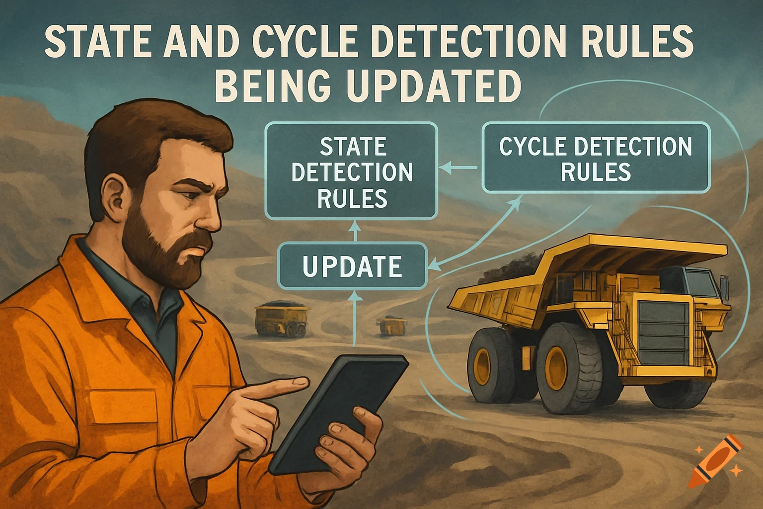 Illustration of a man with a tablet and mining trucks next to a diagram about state and cycle detection rules being updated.