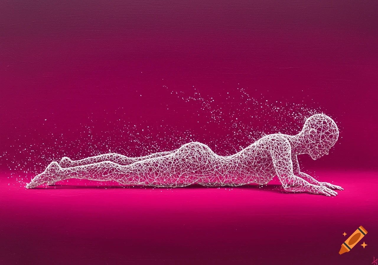 Abstract figure made of white lines reclining on a pink background with scattering particles.