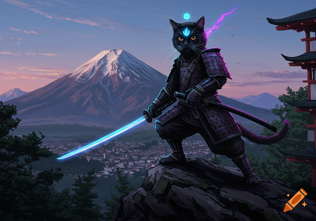 A black samurai cat stands on a rock with a glowing blue katana, overlooking a town and Mount Fuji at sunset.
