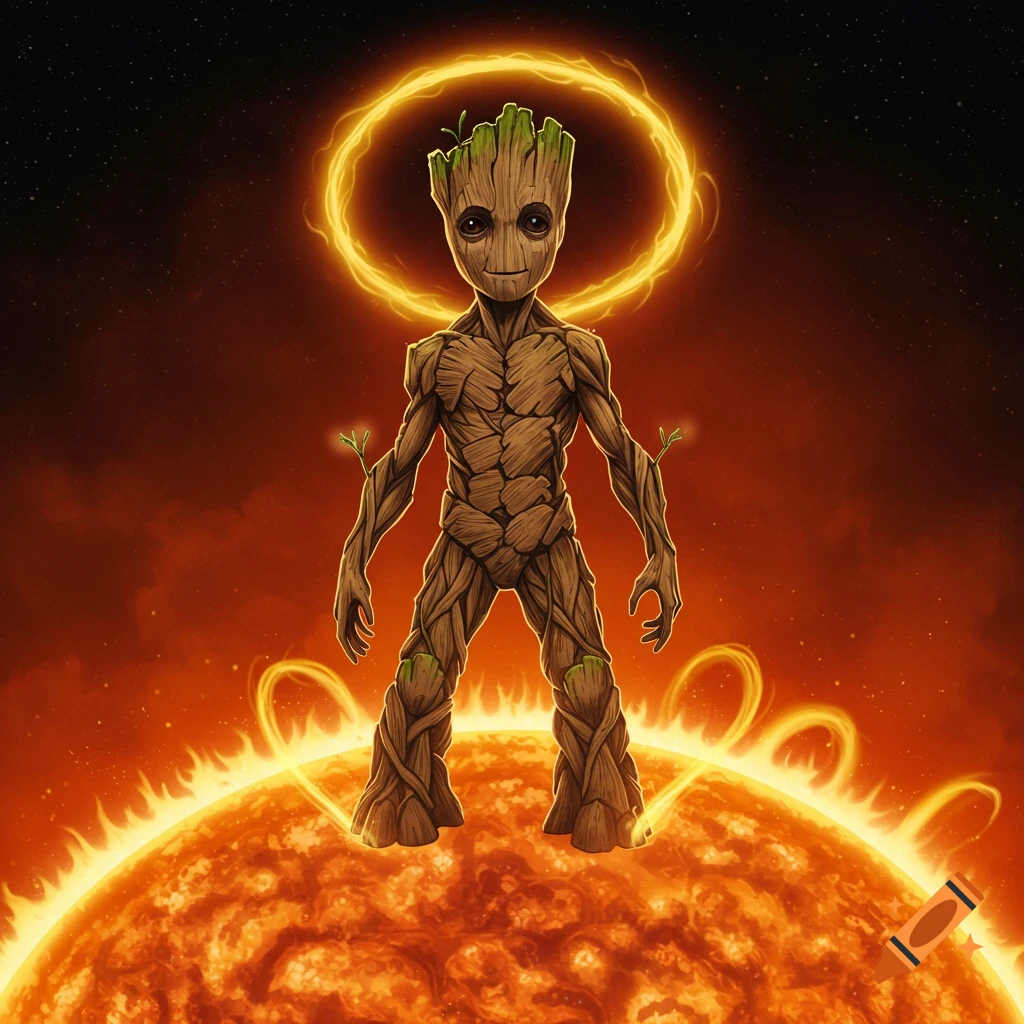 Baby Groot stands on the sun with a fiery halo around his head.