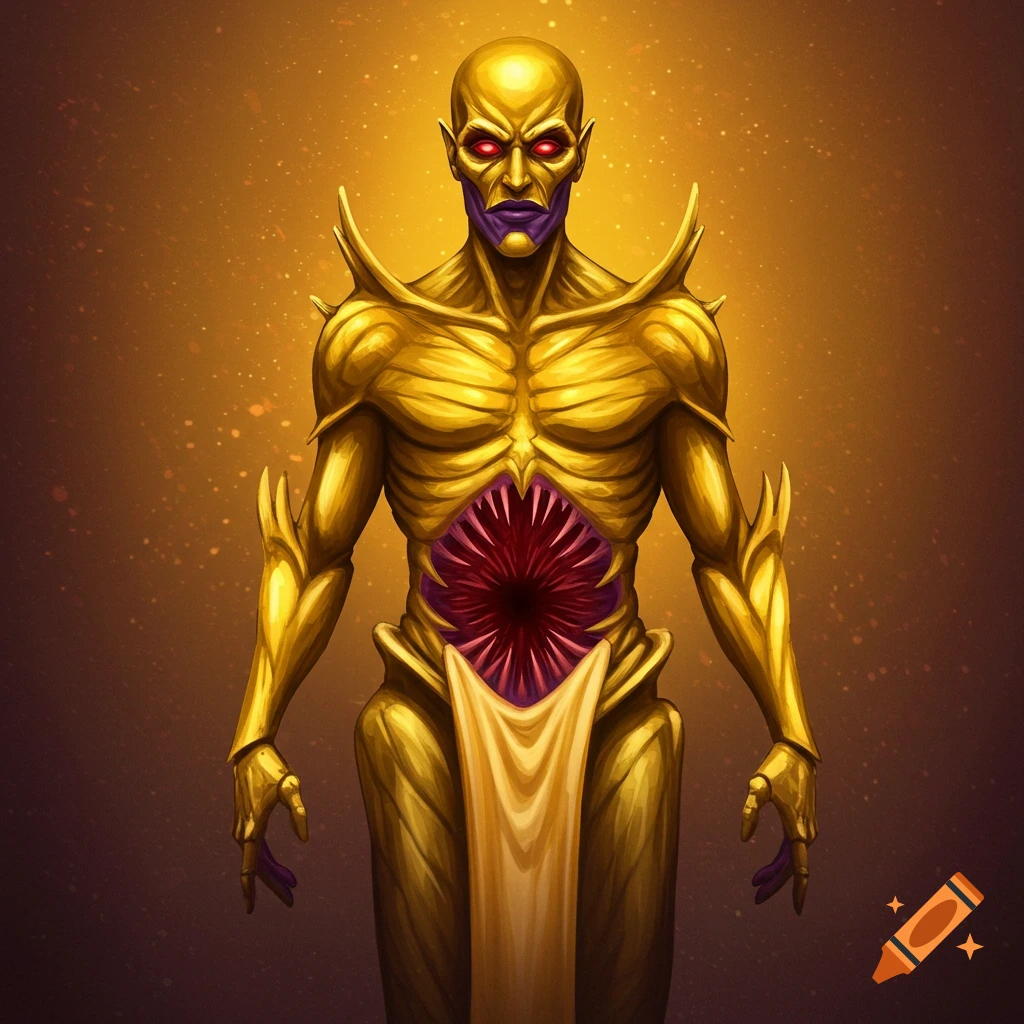 A golden, alien-like figure with red eyes, purple mouth, and a toothy mouth in its chest, standing against a golden background.
