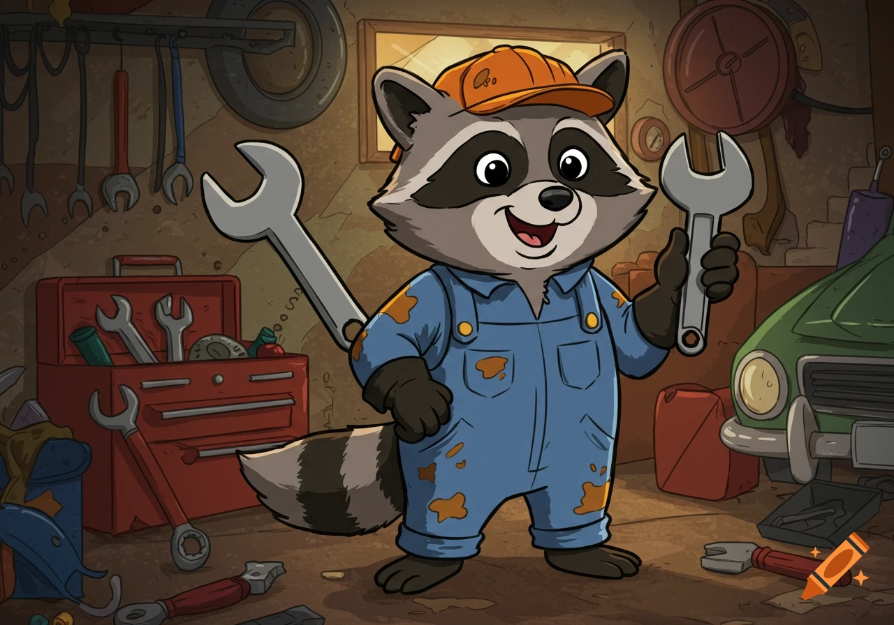 Cartoon raccoon mechanic in a garage holding a wrench.