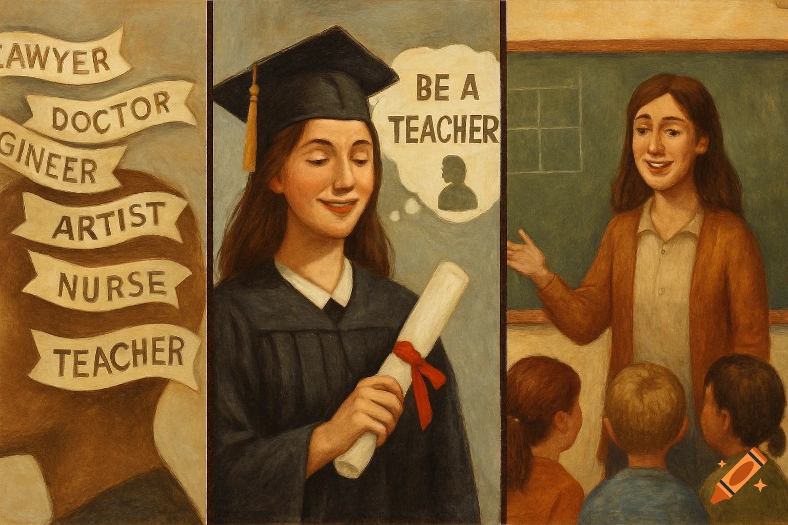 Triptych painting showing career options, a girl graduating considering teaching, and teaching a class.