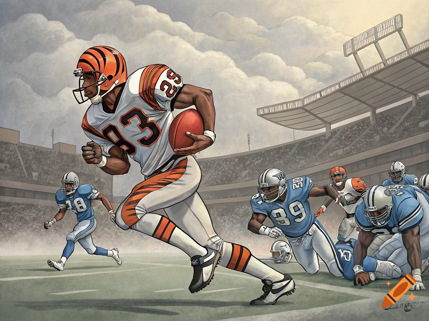 Cartoon illustration of a football player in a Bengals jersey running with the ball, chased by players in Lions jerseys, in a stadium.