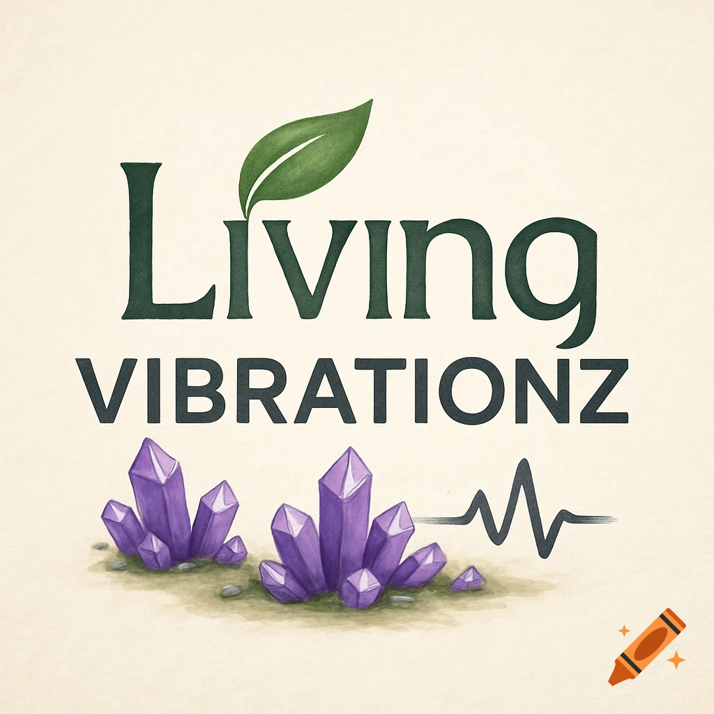 Logo for Living Vibrationz with a leaf, purple crystals, and a waveform line in an illustrative style.