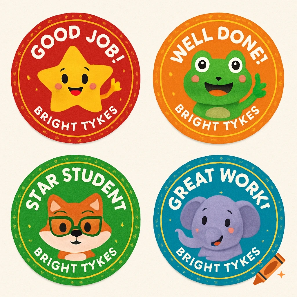 Four colorful award stickers with cartoon characters and text