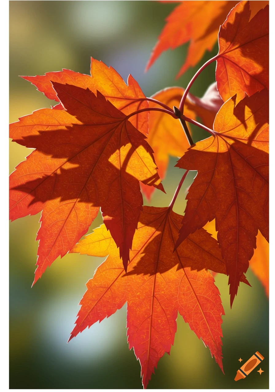 Close-up of backlit orange maple leaves on a branch.