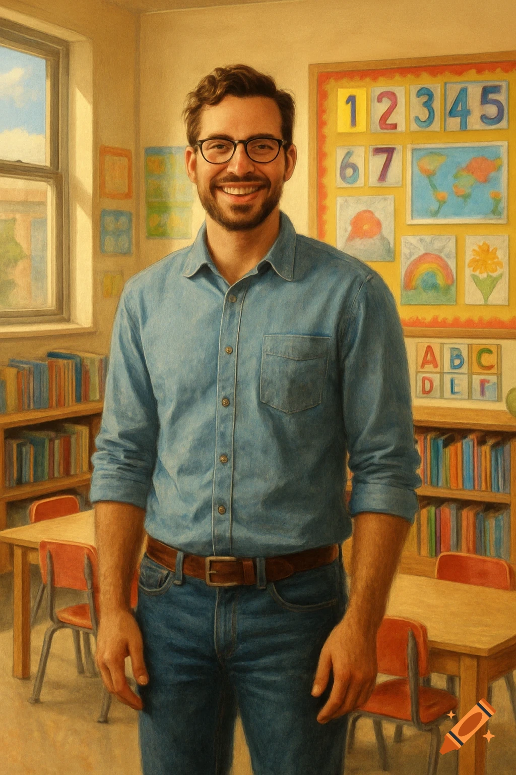 A smiling man, a teacher, stands in a colorful classroom surrounded by books and posters.
