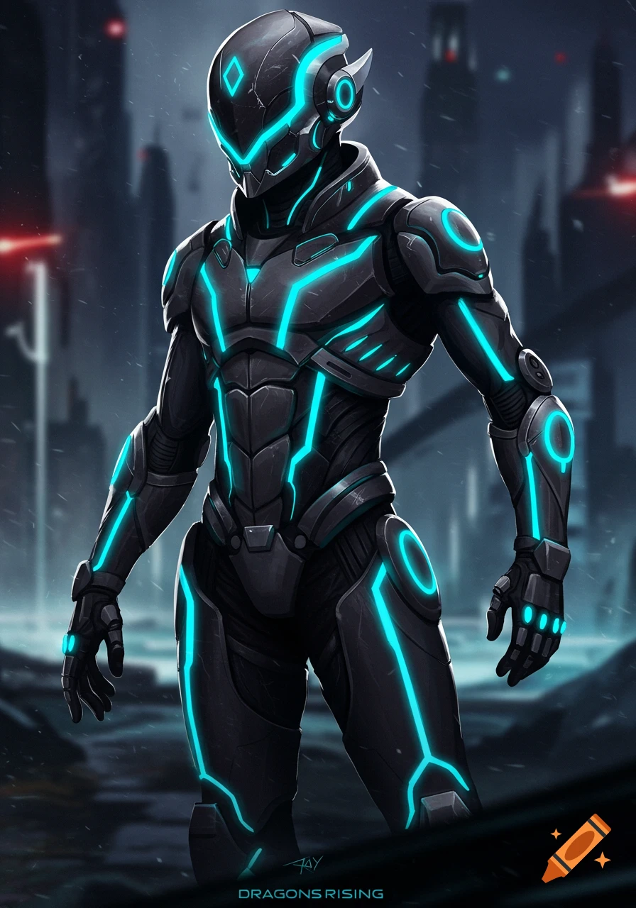 A figure in a black futuristic suit with glowing blue lines stands in a sci-fi city.