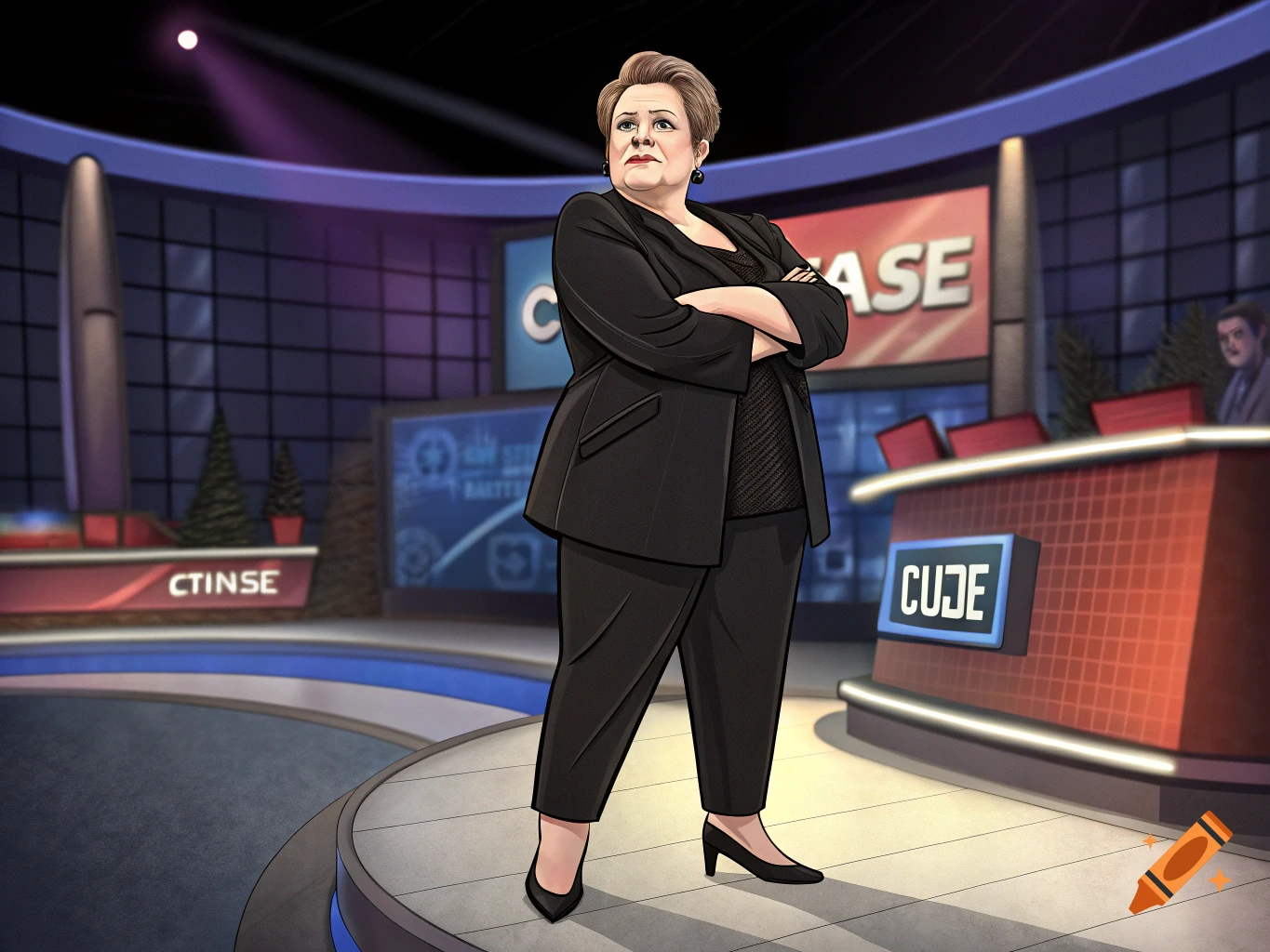 Cartoon illustration of a woman resembling Anne Hegerty standing in a television studio with arms crossed.