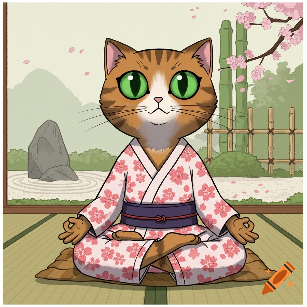 A cartoon cat in a kimono meditating in a Japanese garden