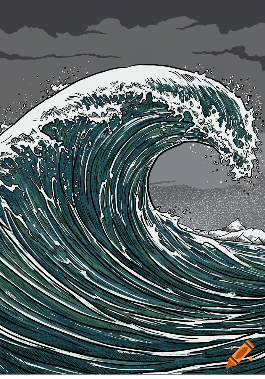 Illustration of a large, breaking wave under a dark, cloudy sky.