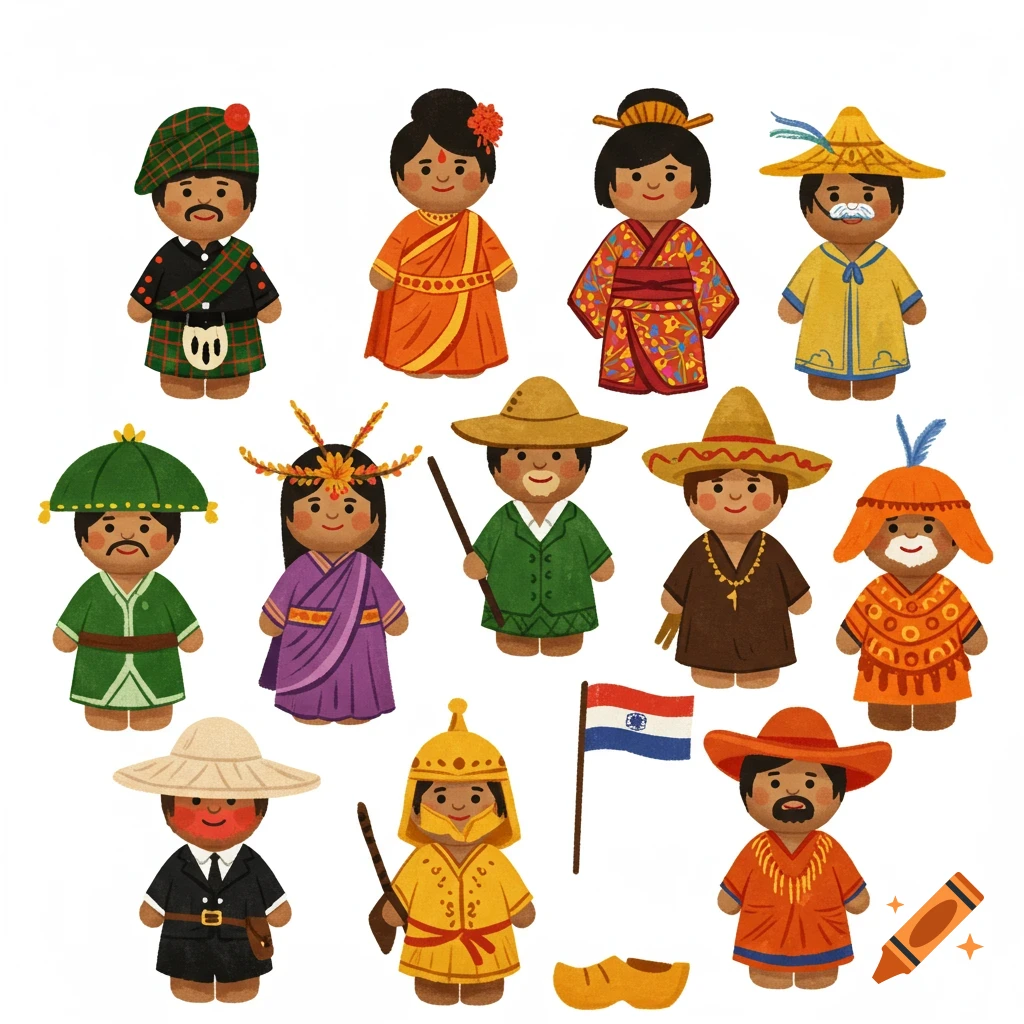 Stylized figures resembling meeples wearing diverse traditional costumes from various countries on a white background.