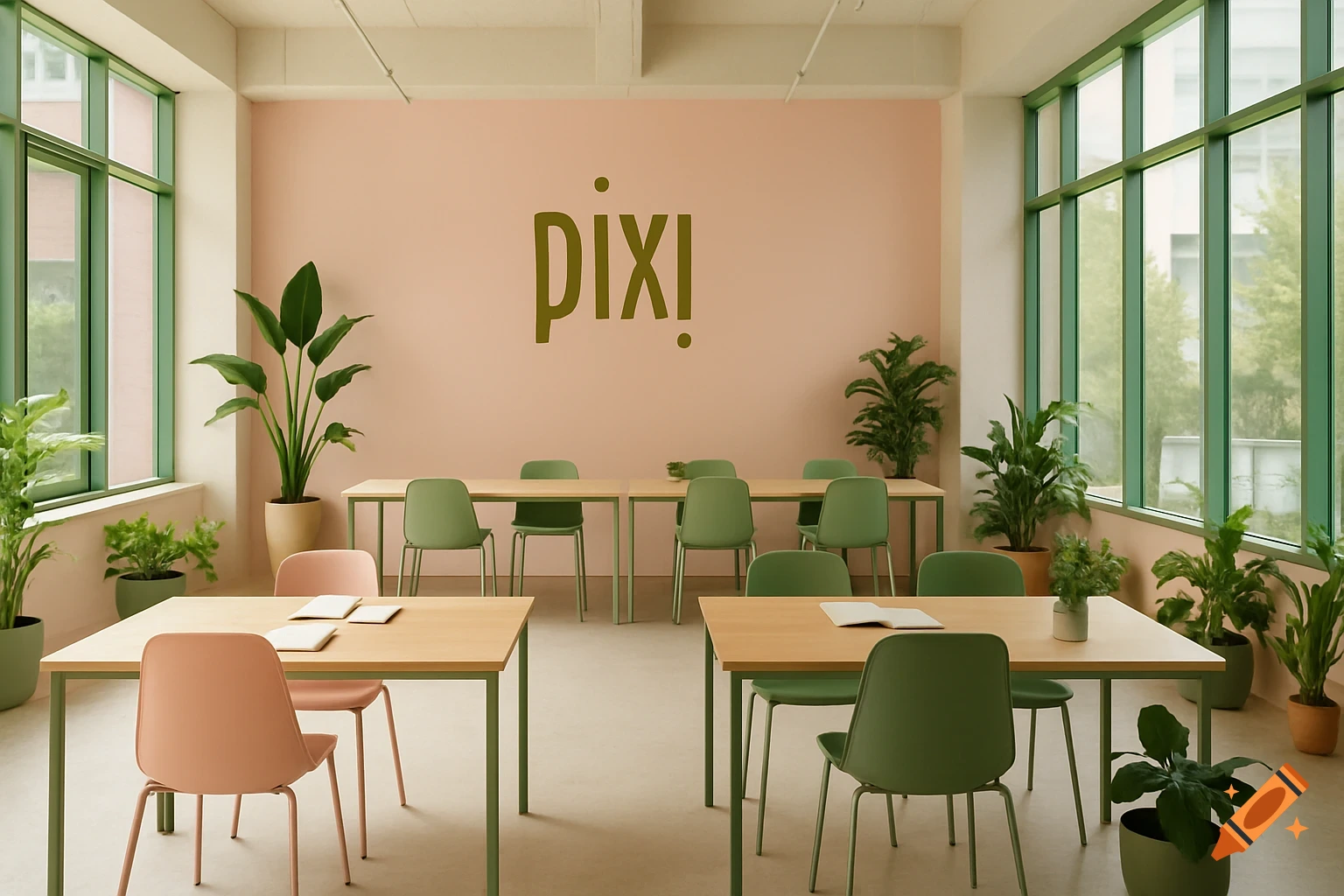 Bright meeting room with tables, green and pink chairs, abundant plants, large windows, and 'pixi!' text on the wall.