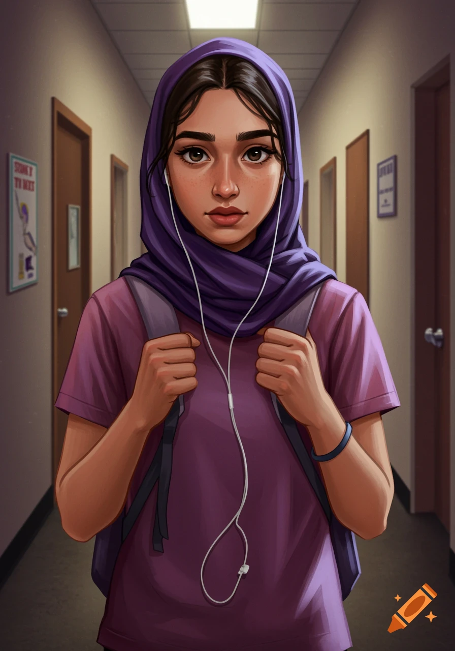 An illustration of a young girl wearing a purple hijab and backpack, with headphones, standing in a school hallway.