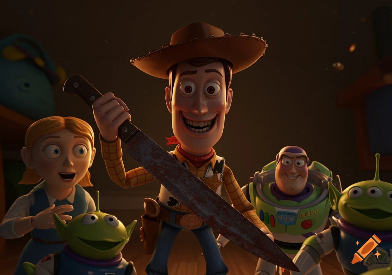 Woody holding a bloody knife with a manic smile, standing with Buzz, aliens, and a girl in a horror movie parody style.