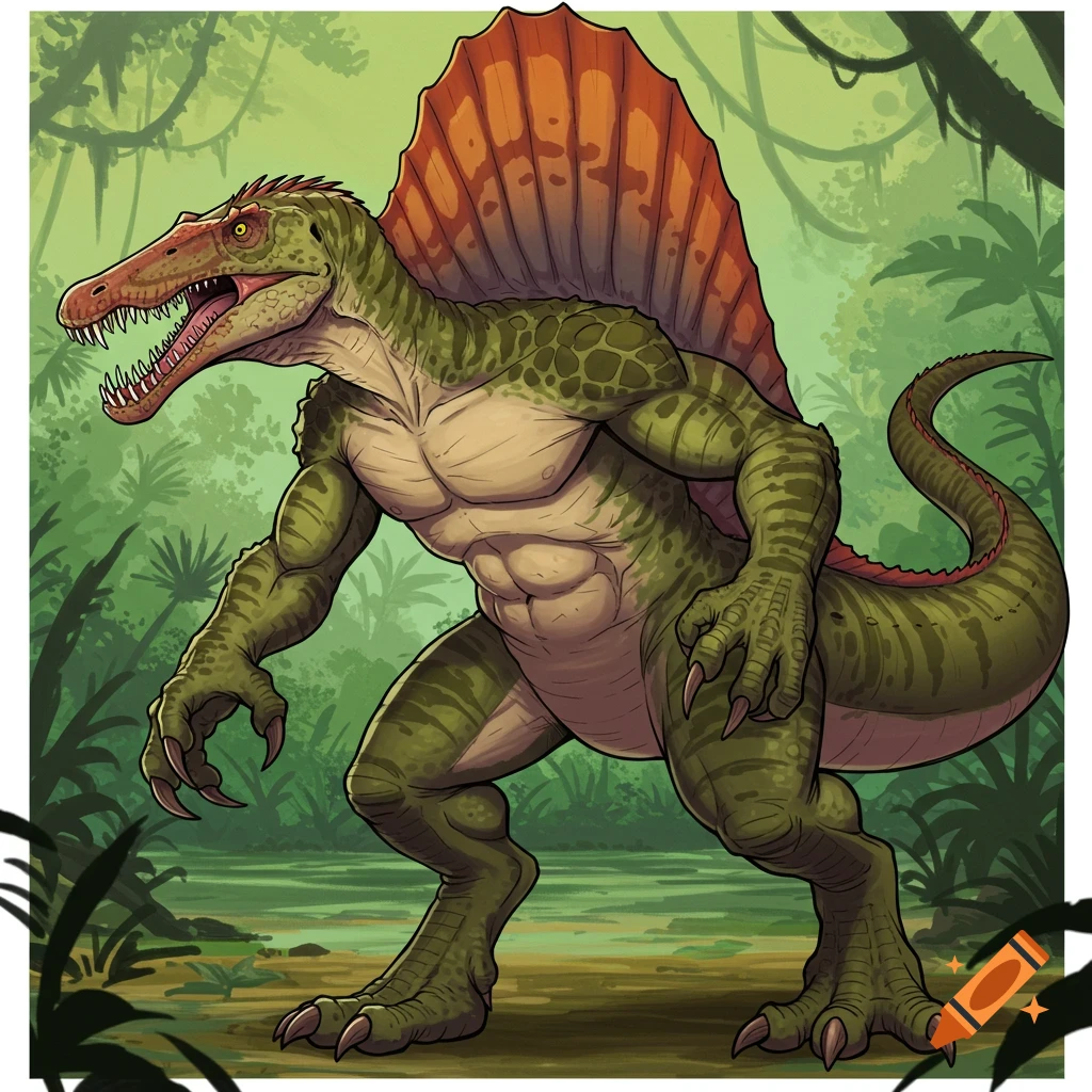 Cartoon style illustration of an anthropomorphic Spinosaurus standing in a jungle.