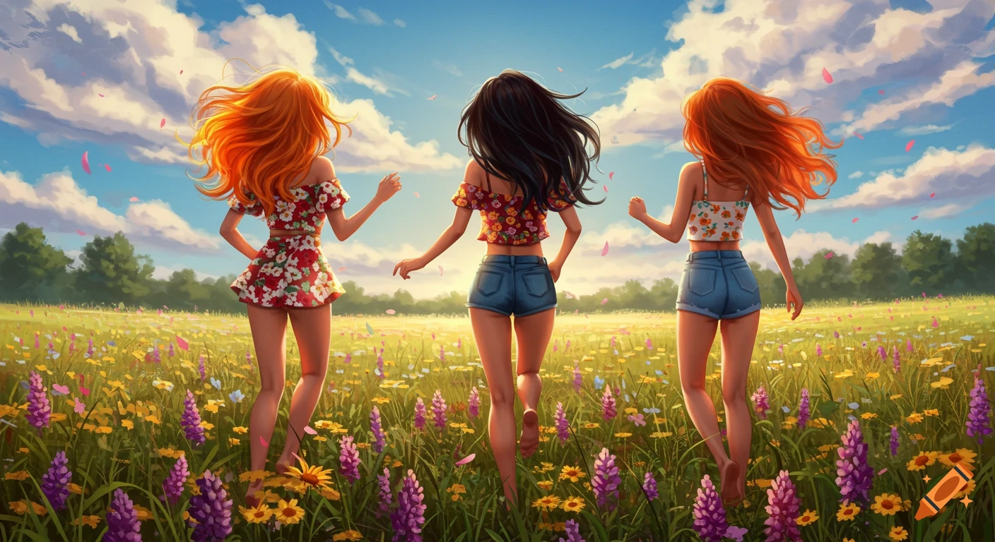 Three girls with flowing hair running through a sunny meadow filled with wildflowers in an illustration style.