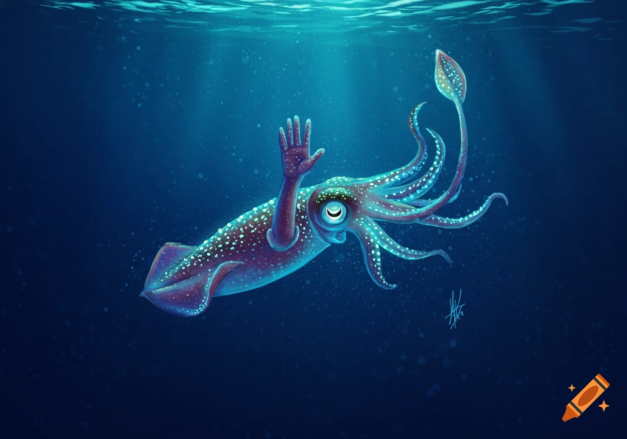 A cartoon squid waves underwater.
