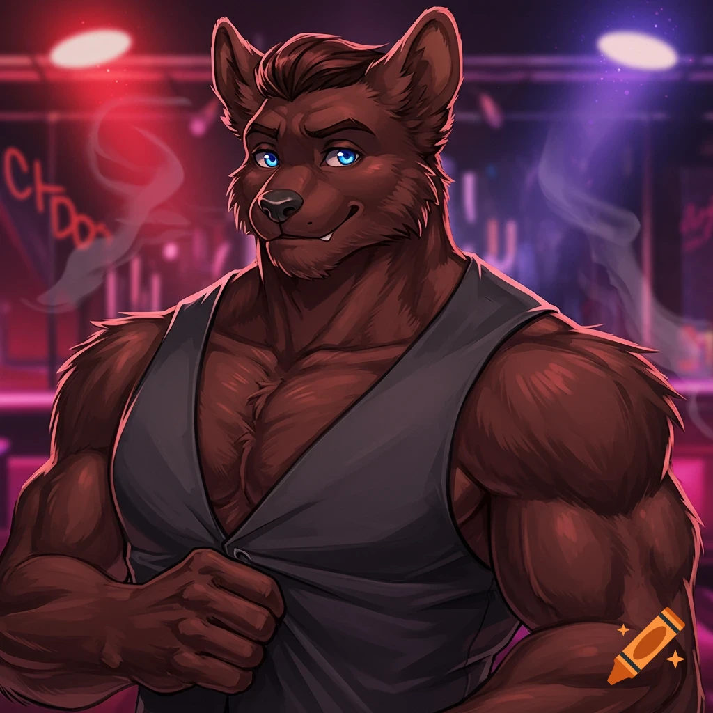 A muscular brown furry character in a grey tank top, standing in a smoky club with neon lights. Digital illustration.