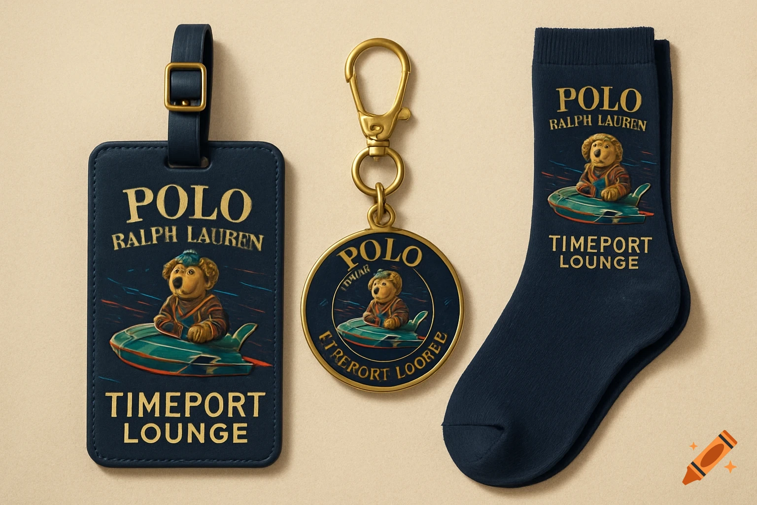 Luggage tag, keychain, and socks featuring a cartoon bear in a spaceship