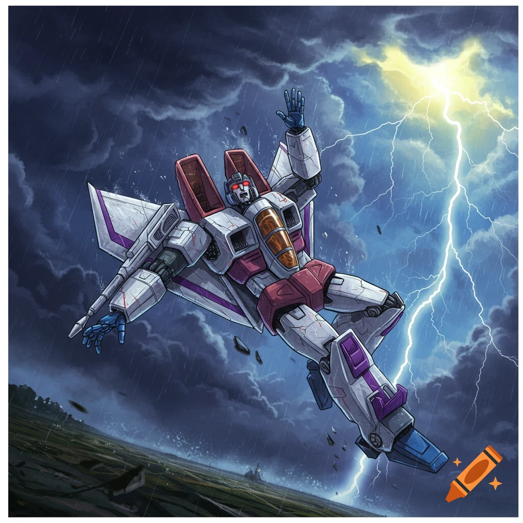 Illustration of the robot Starscream falling from a stormy sky with lightning.