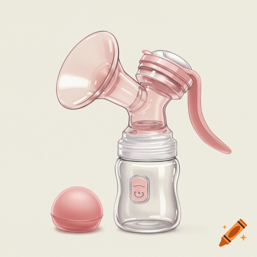 Illustration of a pink translucent breast pump bottle and base on a light background.