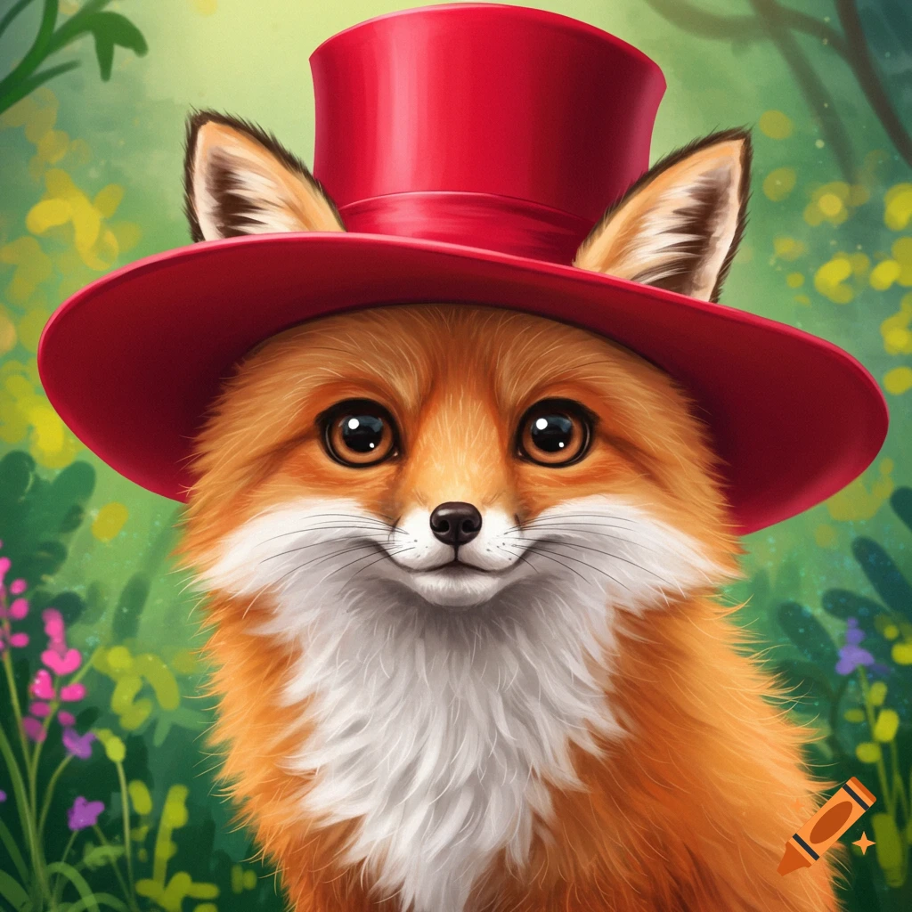Cute cartoon fox wearing a red top hat in a forest clearing.
