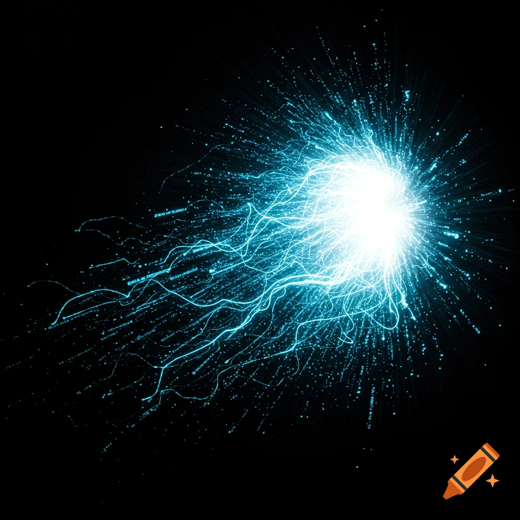 Abstract bright white and blue light burst with energy streams on black ...