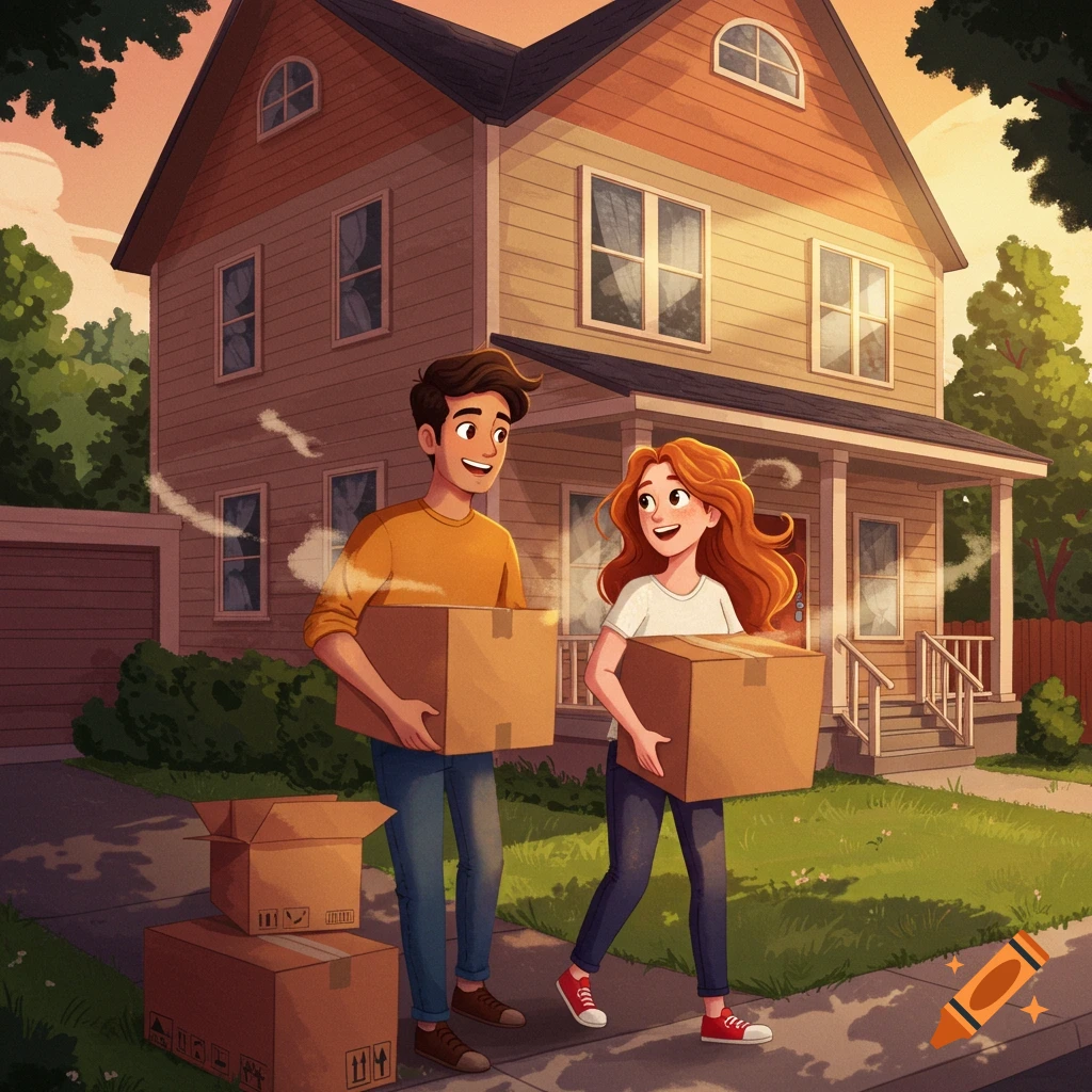 Young couple carrying moving boxes in front of a house.