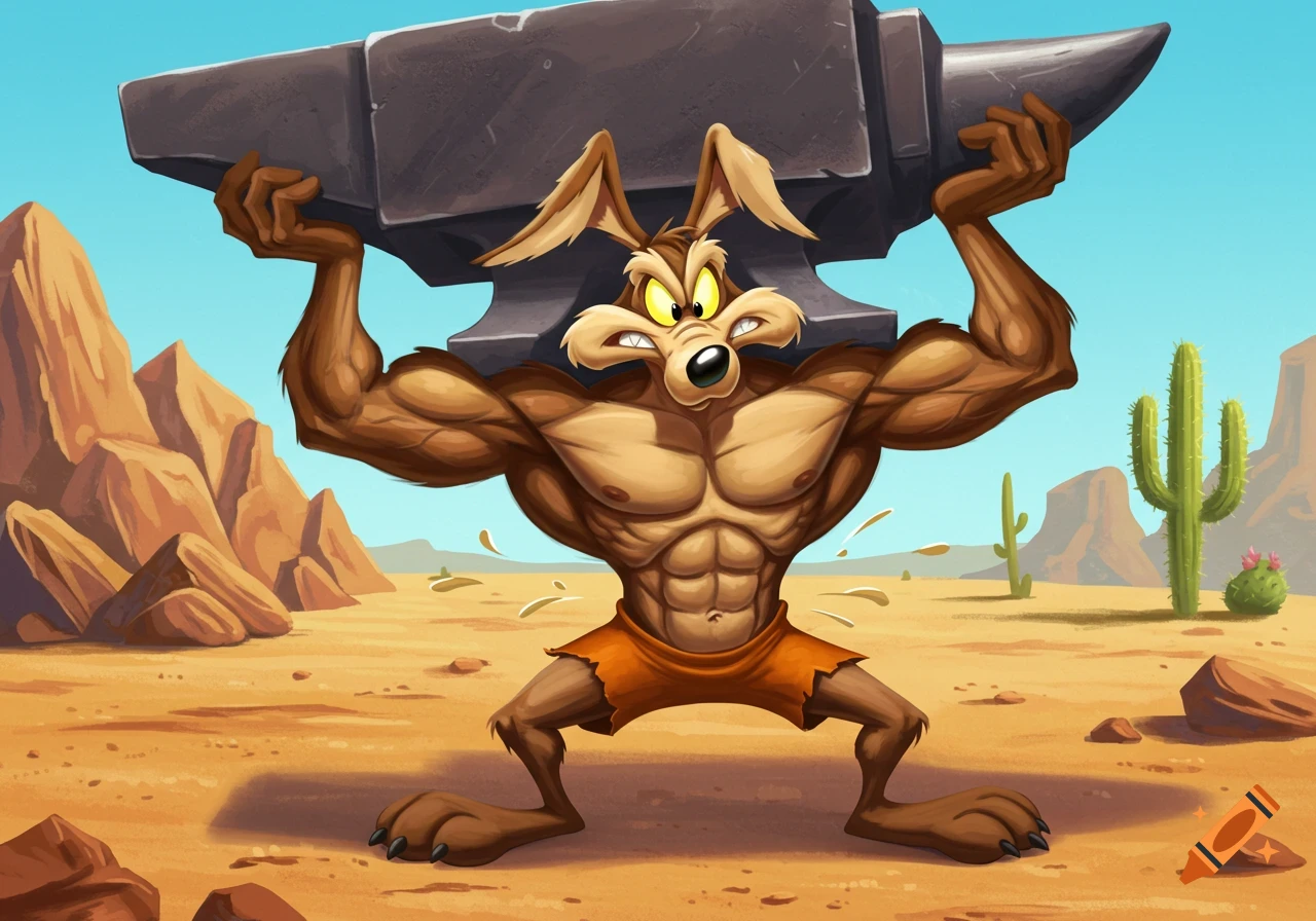 Wile E. Coyote, muscular and buff, lifts a large anvil over his head in the desert. Cartoon style.