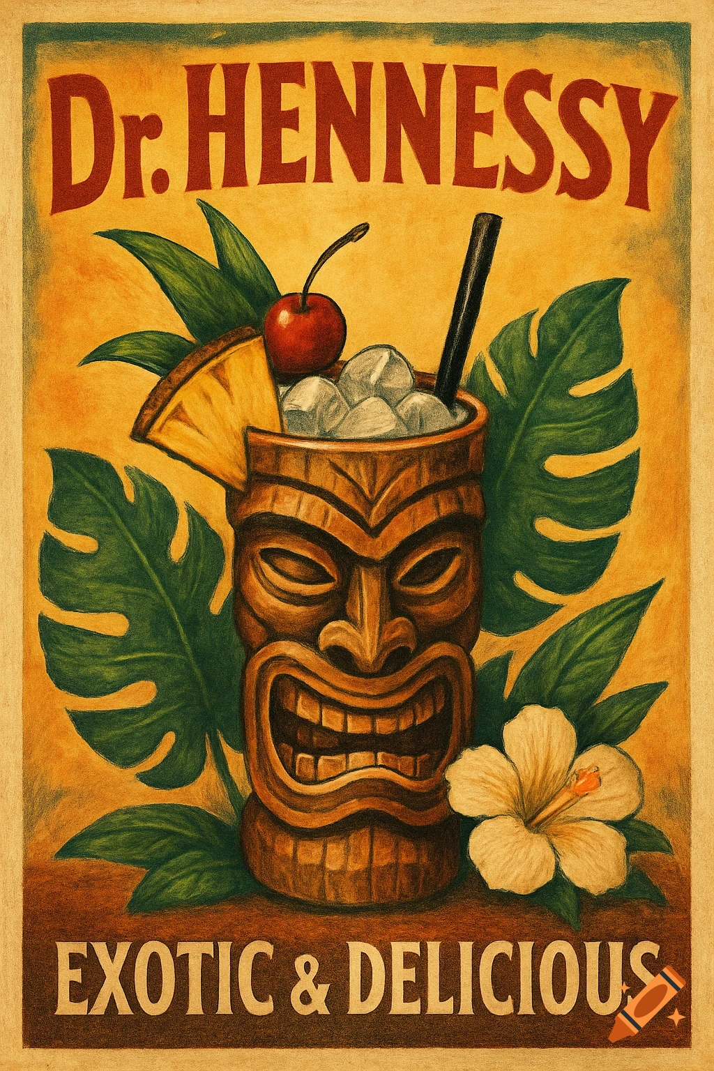 A vintage-style poster advertising 'Dr. Hennessy' cocktail in a tiki mug.