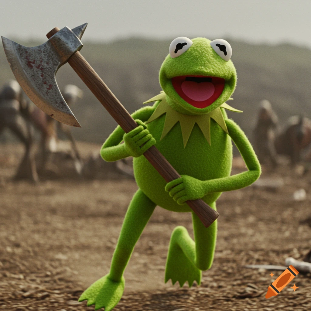Kermit the Frog charging with a battle axe in a field