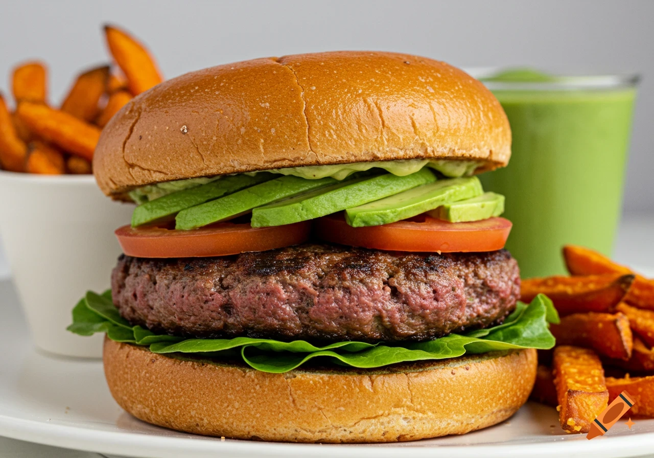 Close-up photo of a burger topped with lettuce, tomato, and avocado, served with sweet potato fries and a green drink.