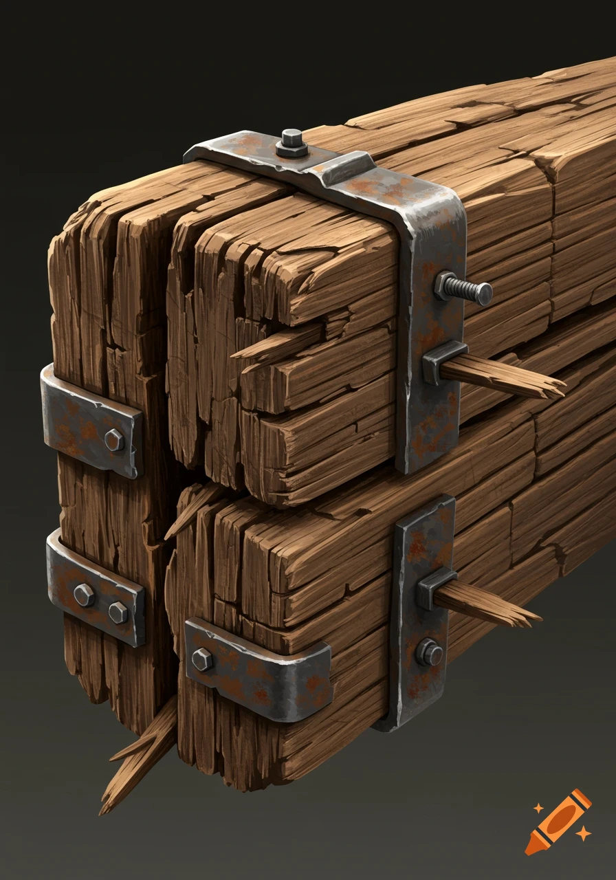 Close-up of splintering wood held together with rusty metal straps and bolts.