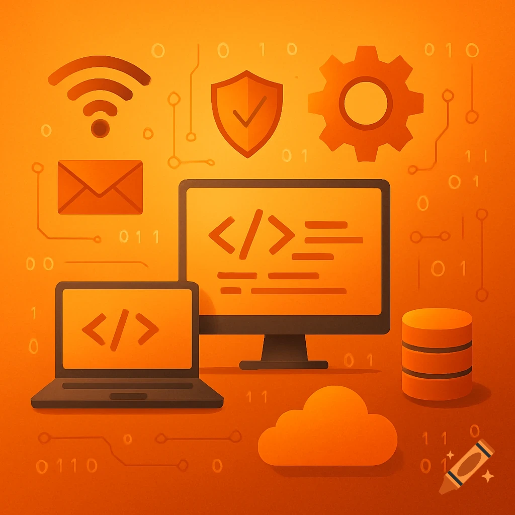 Orange illustration of IT icons: laptop, monitor, cloud, database, wifi, email, shield, gear, binary code, circuit board.