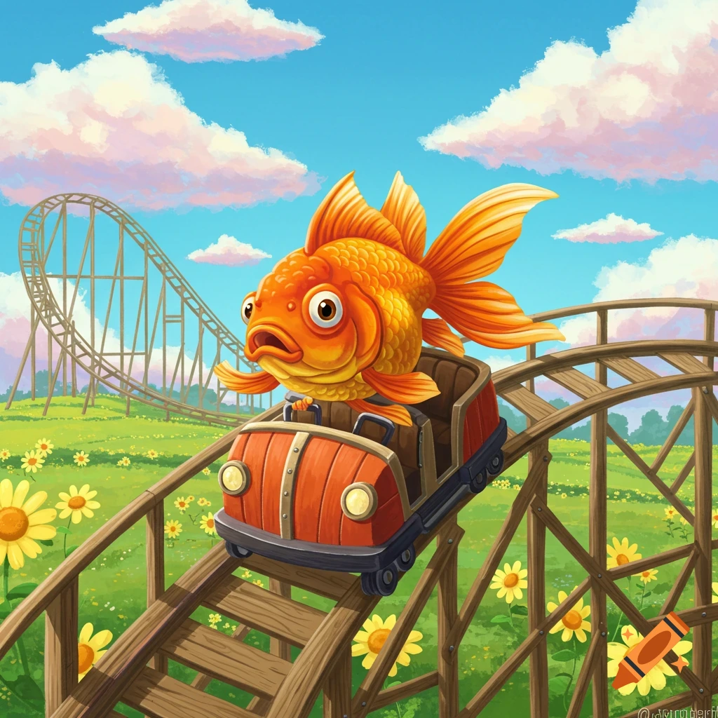 A surprised goldfish rides a rollercoaster car through a flowery field under a cloudy sky.