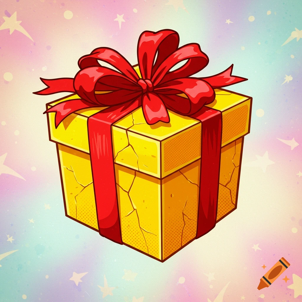 A yellow gift box with a red ribbon and bow sits on a pastel background with stars, in a cartoon style.