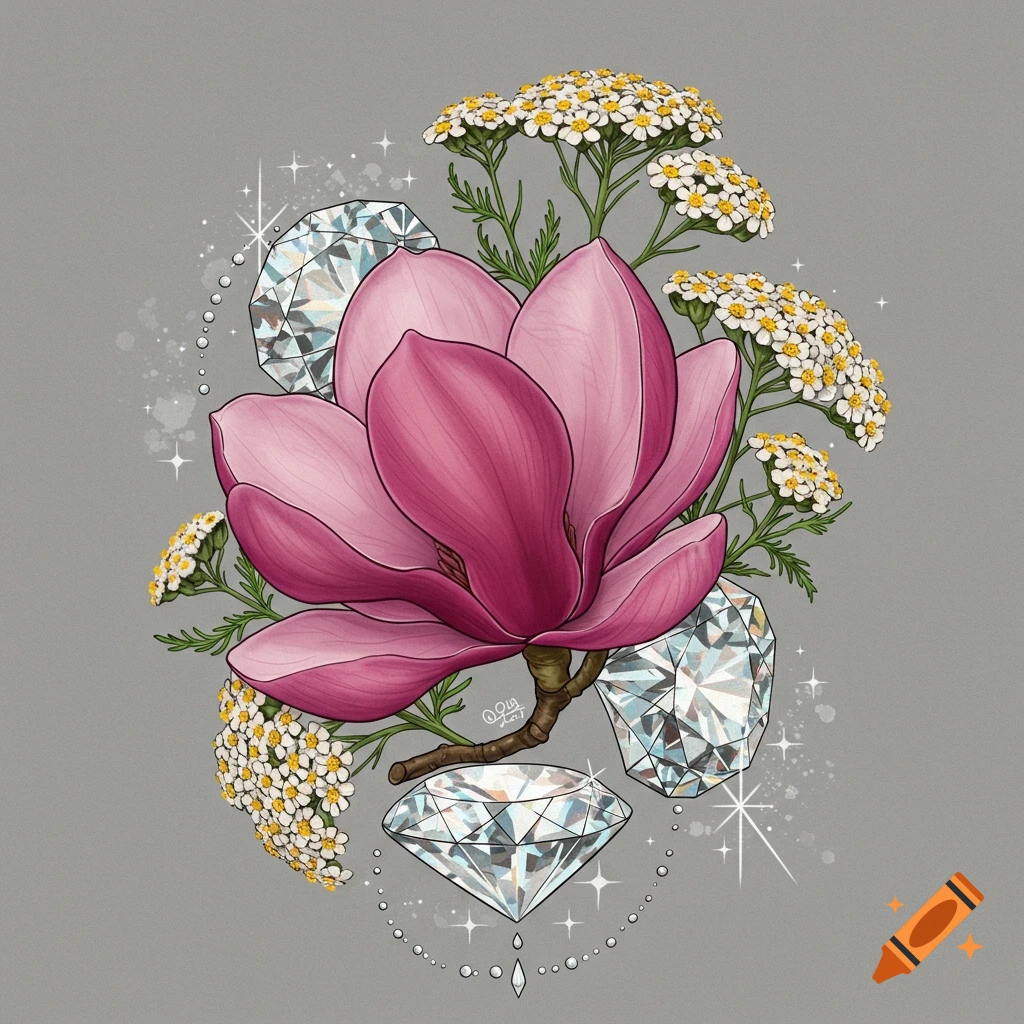 Illustration of a pink magnolia, yarrow flowers, and diamonds