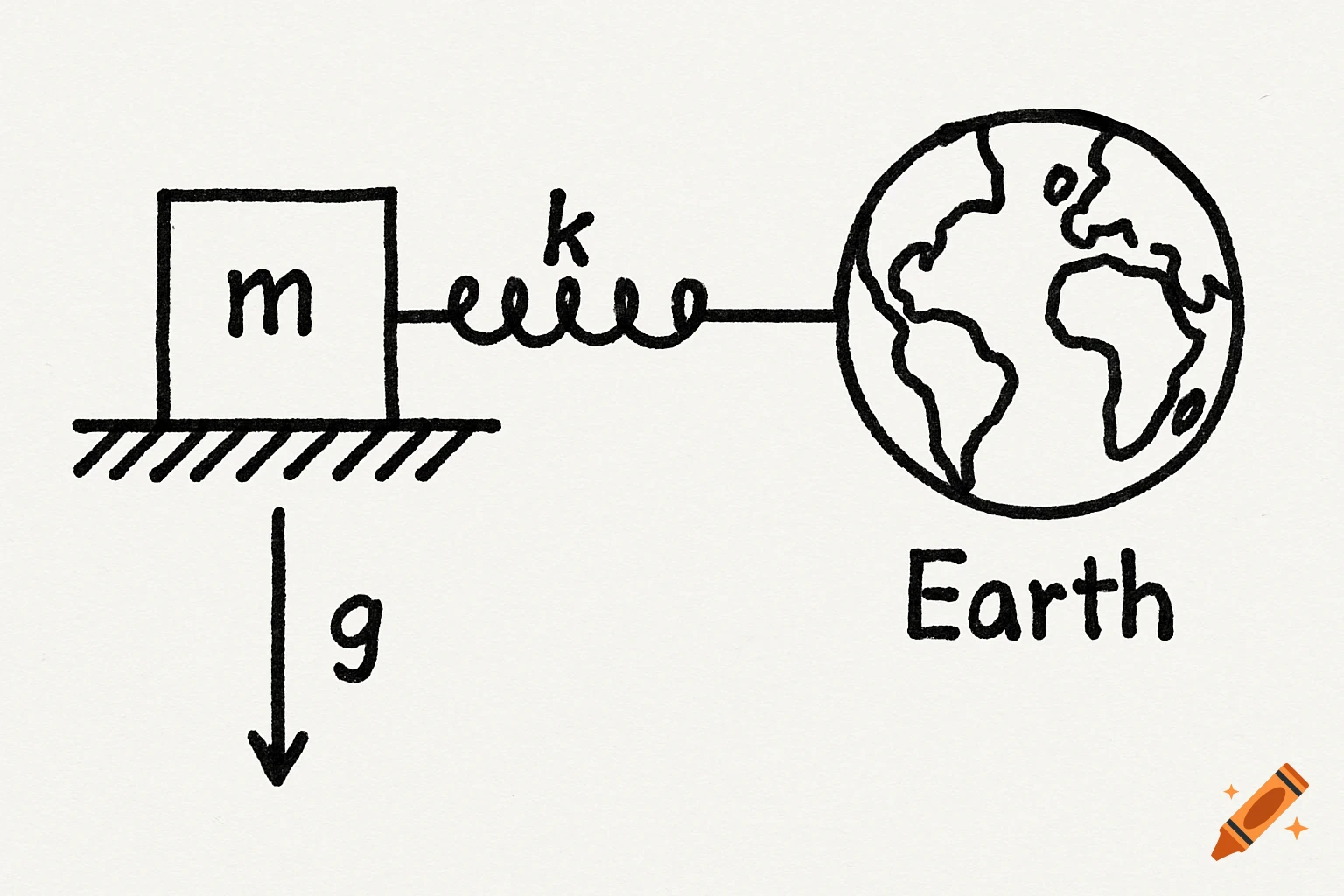 Line drawing of a physics diagram showing a block (m) on a surface connected by a spring (k) to the Earth, with a gravity arrow (g).