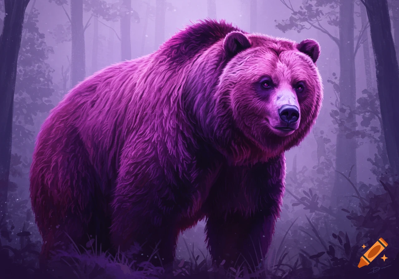 An illustration of a purple grizzly bear standing in a misty forest.