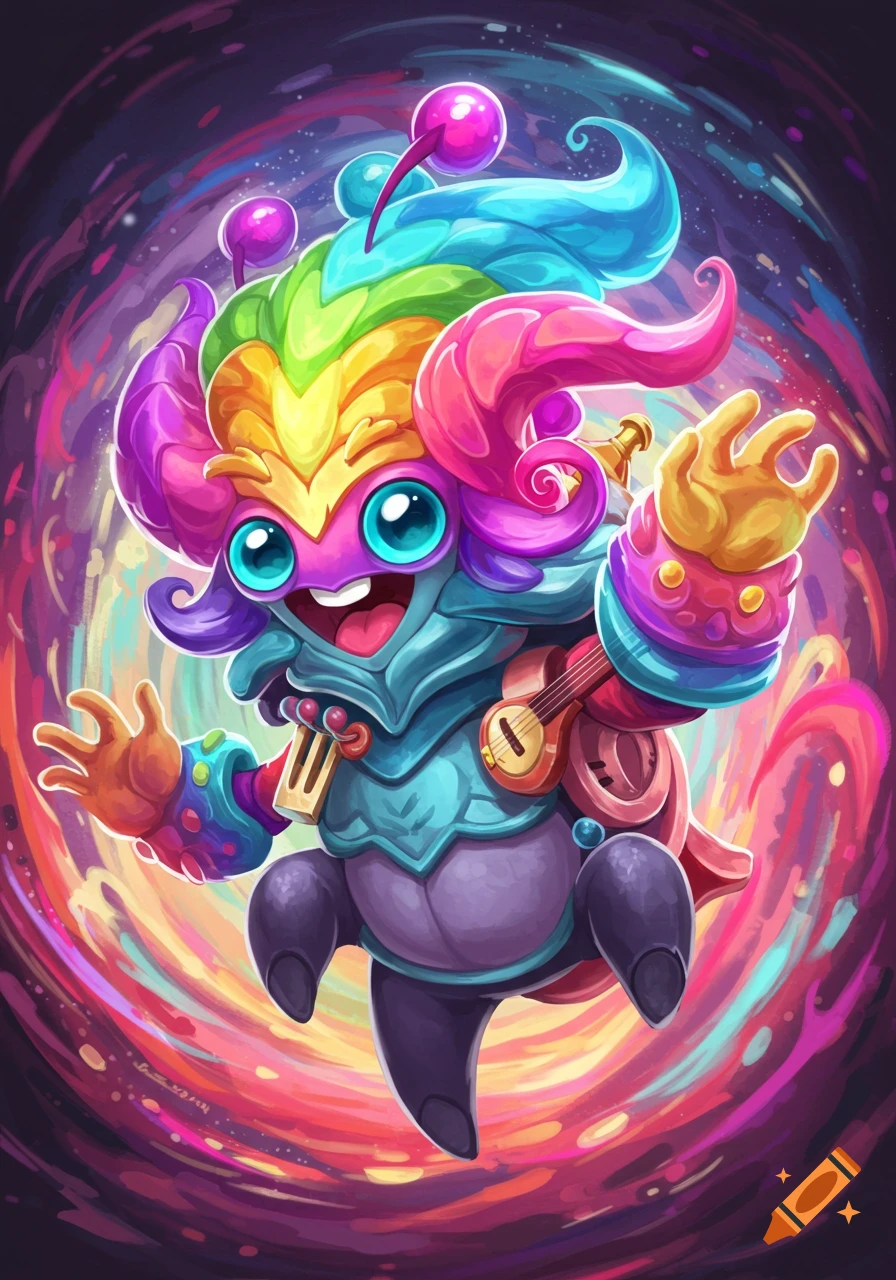 Colorful cartoony fantasy creature with instruments against a swirling background.