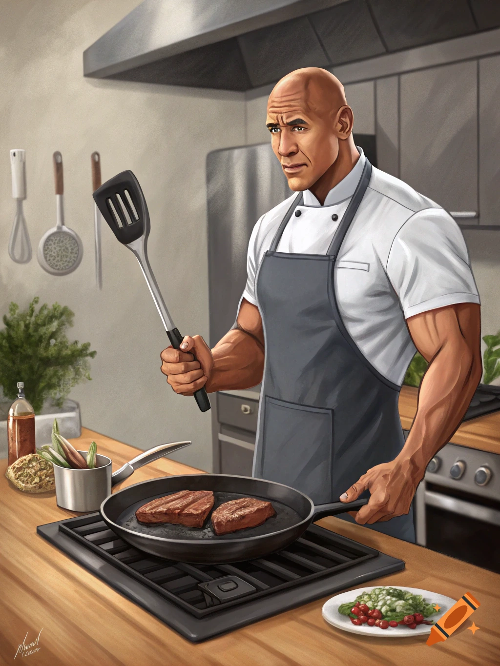 Muscular bald man in a chef's apron and coat cooks two steaks in a frying pan in a kitchen.
