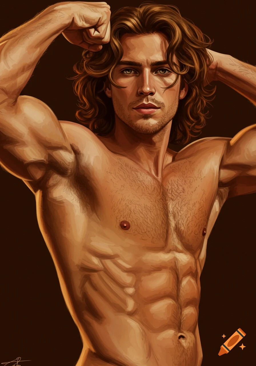 Digital painting of a muscular man flexing his arms.