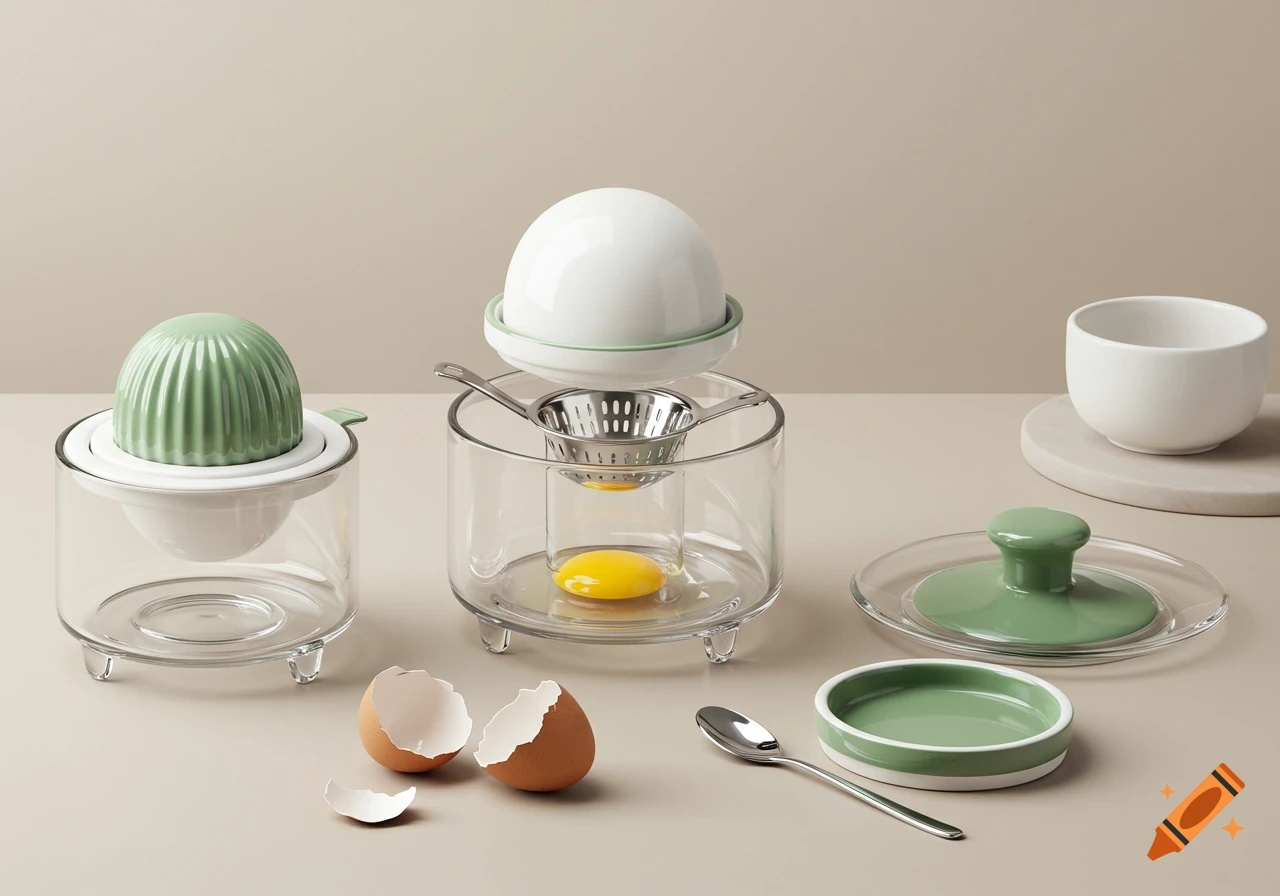 Modern egg preparation tools including glass cylinders, green ceramic lids, separator, broken egg, spoon, and dishes.