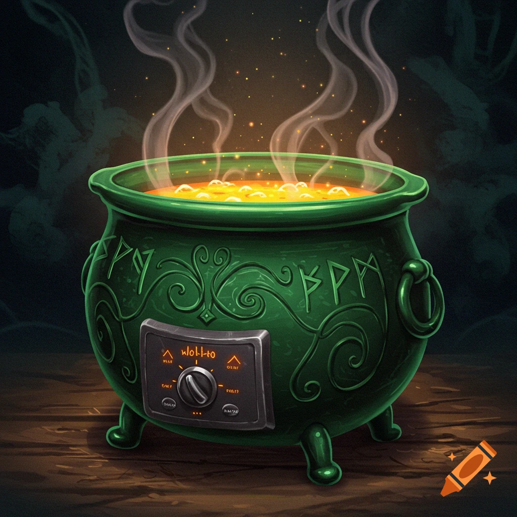 A bubbling green witch's cauldron with runes and a control panel, steaming in a dark setting.