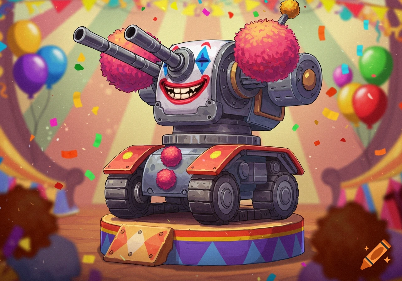 A cartoon clown-themed tank with cannons for a nose and ears on a circus stage.