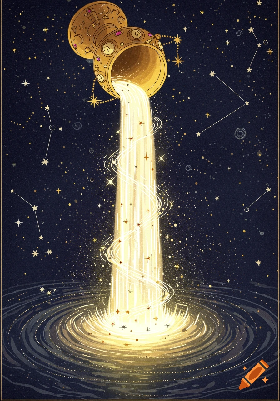 Golden chalice pouring light into swirling water under a starry, starry sky with constellations.