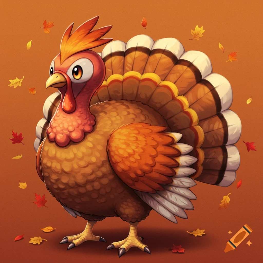 Cartoon turkey bird styled like a Pokemon with large eyes, surrounded by falling autumn leaves.