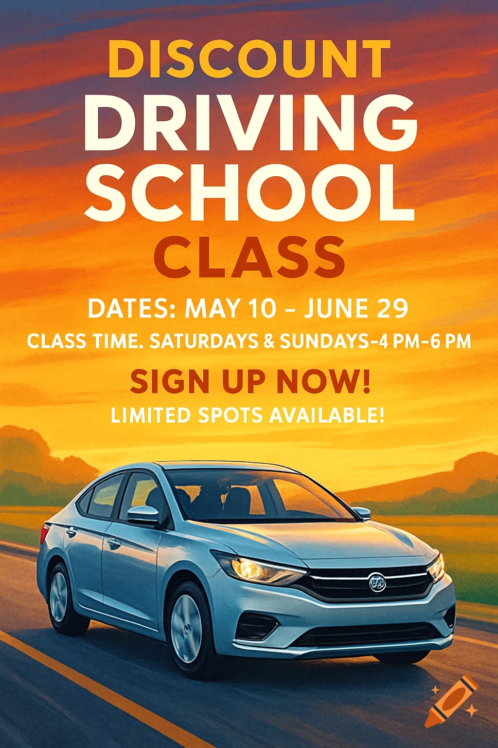Flyer for a driving school class with text details and a car on a road at sunset.